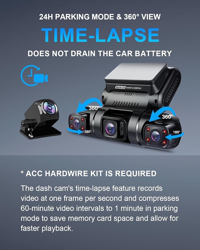 360° 4 Channel Dash Cam Front and Rear Inside Left Right, Dash Camera for Cars, Built-in GPS WiFi Night Vision, 24/7 Recording Parking Mode Monitor, 128G Card Included