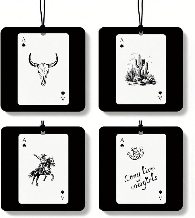 Retro Western Orange Car Air Freshener 4 Pcs, Country Bull Skull Cactus Horseshoes Ace Card Square Hanging Air Freshener for Closet Drawer Books, Western Car Accessories Mirror Decor for Women
