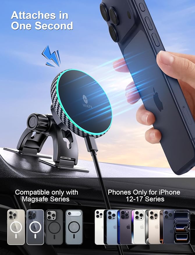 for iPhone Magsafe Car Mount Charger, Wireless Car Charger Magnetic Car Phone Holder for Dash Air Vent-LED HandsFree Car Mount Fast Car Charger for iPhone 17/16/15/14/13/12 Carbon Firber
