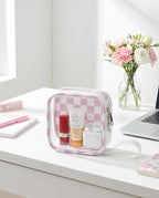 Preppy Clear Makeup Bag Travel Cosmetic Case Transparent Pink and Beige Checkered Toiletry Bag with Zipper,Portable Make Up Organizer Traveling Compact Pink Car Essentials for Girls