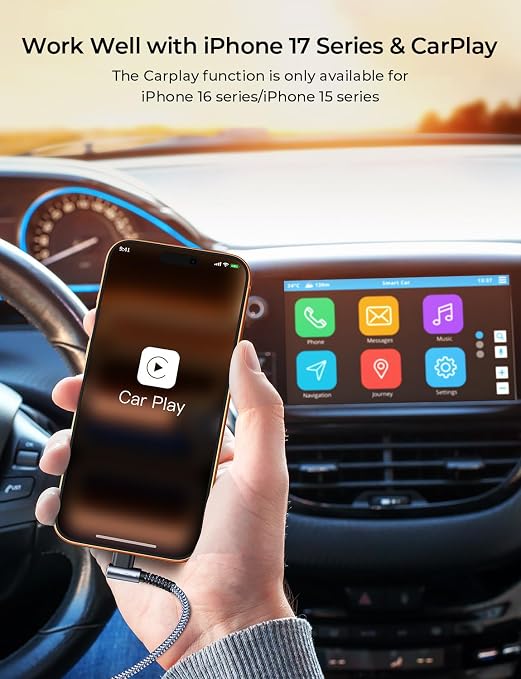 Car Carplay Cable (3.3FT+3.3FT) for iPhone 17 16 15 Pro Max, Fast Charging Braided Right Angle Gold-Plated USB A to USB C Car Charger Cord for Samsung Galaxy S26 S25 S24 Ultra, Google Pixel