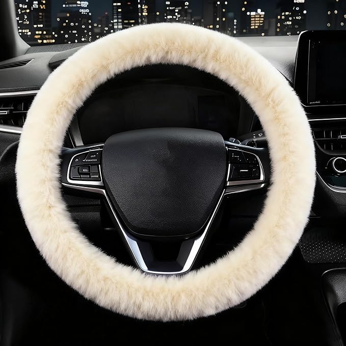 Furry Car Steering Wheel Cover, Fluffy Soft Warm Plush Non-Slip, 14 1/2-15 inch, for Women Girls, Pearl