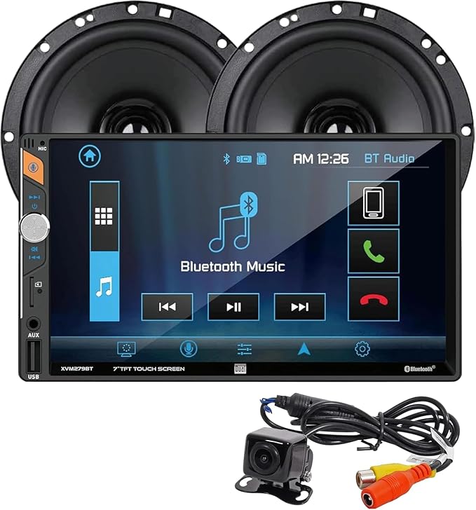 XCP1101SP 7-inch LED Digital Media Touchscreen Double DIN Car Stereo with (2) 6.5" Speakers & Backup Camera Bundle | Push to Talk Assistant | Bluetooth | USB Fast Charging | microSD