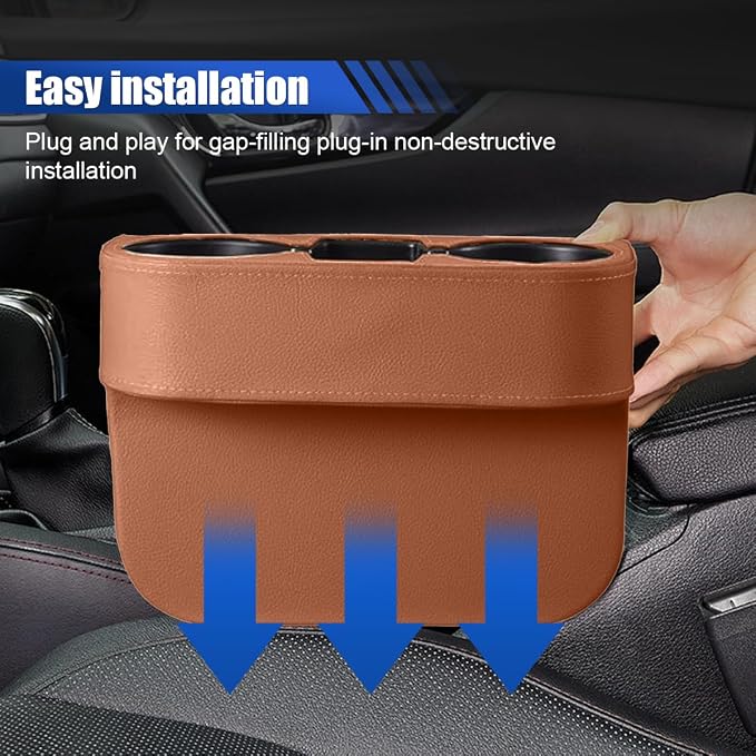 Car Cup Holder, PU Leather Cover Auto Front Seat Organizer, Brown | Multifunctional Cup Drink Holder, Gap Filler Coin Bucket Storage Box, Console Side Pocket, Cell Mobile Phone Holder