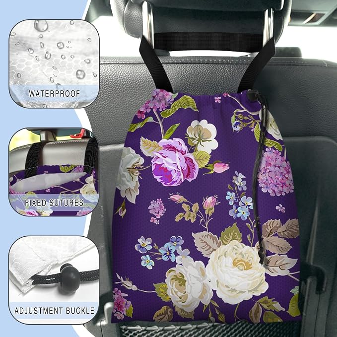 Car Trash Bag Hanging Back of Seat Waterproof Small Cute Printed One-Handed Strap Drawstring Garbage Bags for Car-Purple Floral