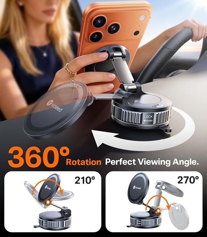 Ultimate for Magsafe Car Mount [98+LBS Strongest Suction] 360° Vacuum Magnetic Phone Holders for Your Car Metal Arm Foldable Cellphone Mount for iPhone 17 16 15 14 13 12 Pro Max Air Android