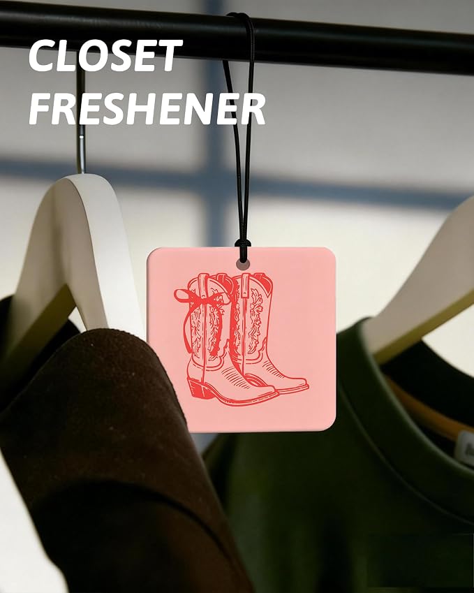 Boho Western Pink Orange Car Air Freshener 4 Pcs, Preppy Cow Skull Cactus Cowgirl Boots Square Hanging Air Freshener for Closet Drawer Books, Western Car Accessories Mirror Decor for Women