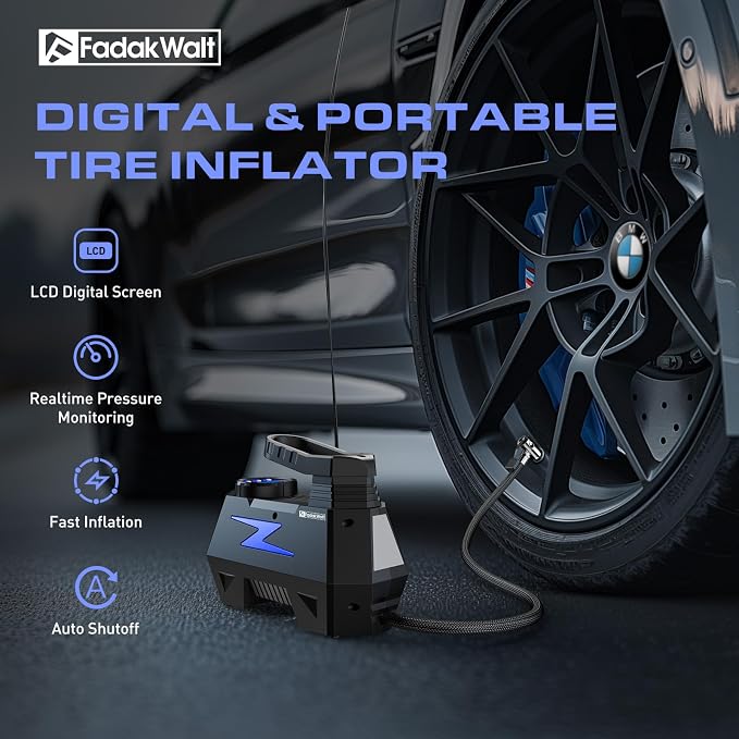 Tire Inflator Portable Air Compressor, 12V DC Car Air Pump with Auto Shutoff, 150 PSI Digital Gauge, LED Light, Metal Valve Connector, Accessories for Cars, Blue