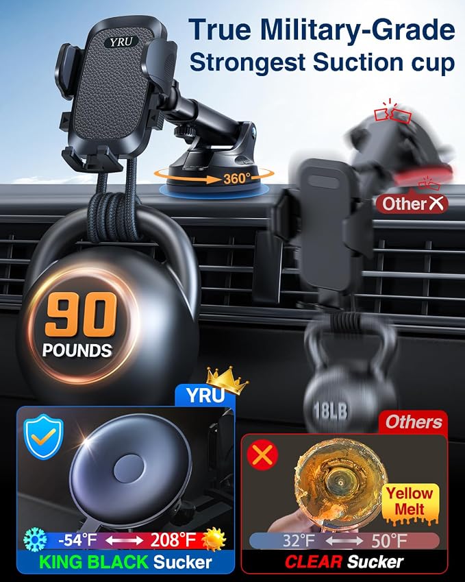 YRU True Military-Grade [360° Rotation Suction] 2026 Ultimate Car Phone Holder Mount 【90+LBS Safest Strongest & Patent Certs】 Dashboard Windshield Vent for iPhone 17 16 Pro Max Samsung, Matt Black