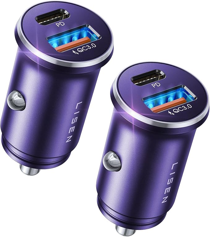USB C Car Charger Adapter [2 Pack] [Mini & Metal] Cigarette Lighter USB Charger Fast Charging [PD QC 3.0] USBC Car Phone Charger for iPhone 15 Pro Max Plus 14 Samsung Galaxy S23 iPad Pro, Purple | Cigarette Lighter Charger, USB C Car Charger Fast...
