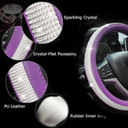 New Diamond Leather Steering Wheel Cover with Bling Bling Crystal Rhinestones, Universal Fit 15 Inch Car Wheel Protector for Women Girls Purple