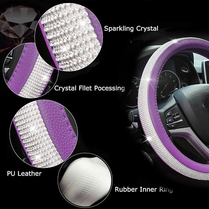 New Diamond Leather Steering Wheel Cover with Bling Bling Crystal Rhinestones, Universal Fit 15 Inch Car Wheel Protector for Women Girls Purple