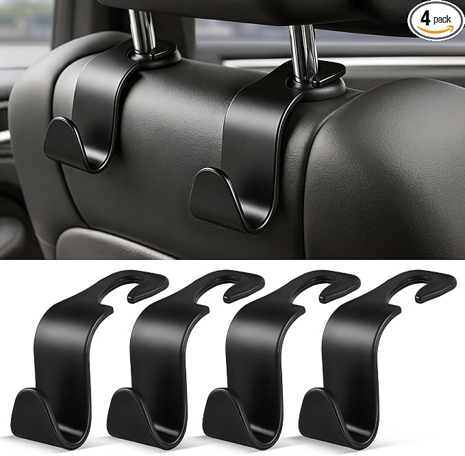 4 Pack Car Seat Headrest Hooks, Vehicle Back Seat Hanger Storage Organizer for Purse Handbag Backpack Coat Grocery, 360° Rotating Heavy Duty Holds 44lbs, Black