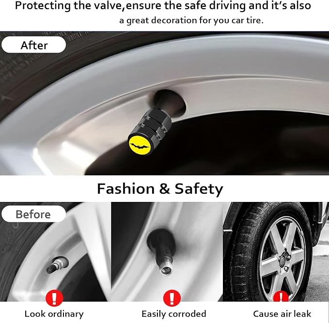 4Pack Bat Tire Valve Caps Universal Tire Air Cap Valves Stem Covers | Aluminum Alloy Rust-Proof Valve Stem Caps, for Auto SUV Truck Motorcycle Bicycle, Halloween Bat Gifts for Women Men Driver