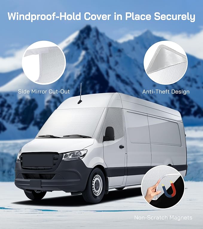Windshield Cover for Mercedes Sprinter 2007-current, Thick Oxford Front Window Sunshade, Exterior Windshield Cover for Ice & Snow, Gray with Mirror Cutouts