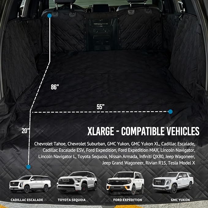Bulldogology Cargo Mesh SUV Cargo Liner for Dogs – Waterproof Heavy Duty Pet Trunk Protector, 55″ x 106″ with Mesh Window & 60/40 Split Fit (XL, Black)