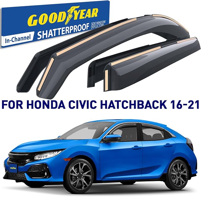 Goodyear Shatterproof in-Channel Window Deflectors for Honda Civic 2016-2021 Hatchback, Rain Guards, Window Visors for Cars, Vent Deflector, Car Accessories, 4 pcs - GY008119