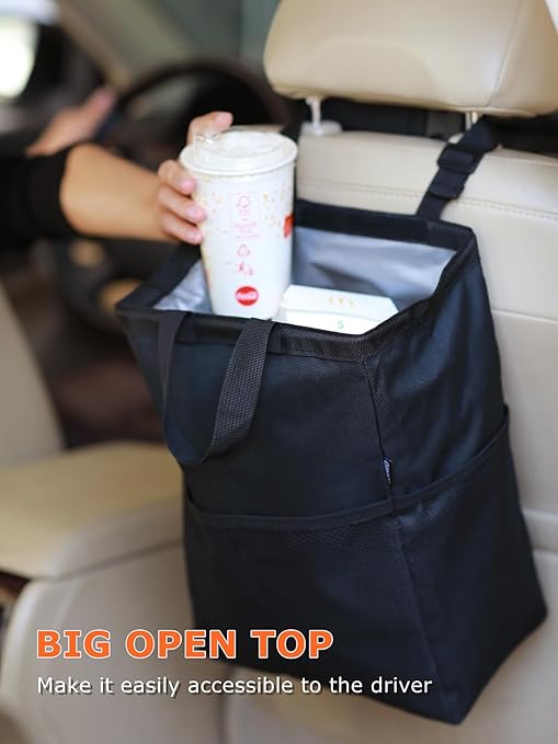 New Leak-Proof Travel Car Trash Bag, 3.5 Gallons Large Capacity Hanging Car Trash Can with Hook and Loop Lid and Handle, Multipurpose Trash Bin with Storage Pockets for SUV RV Camping (Black)