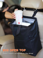New Leak-Proof Travel Car Trash Bag, 3.5 Gallons Large Capacity Hanging Car Trash Can with Hook and Loop Lid and Handle, Multipurpose Trash Bin with Storage Pockets for SUV RV Camping (Black)