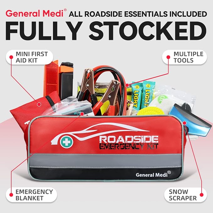 127-Pieces Roadside Car Emergency Kit Include Mini First Aid Kit, Jumper Cables,Tow Rope, Bandage, Safety Vest, Emergency Triangle, All in One Pack