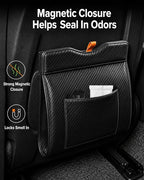 Leather Car Trash Can, Leak-Proof Odor-Lock Car Garbage Can with 60 Liners, Magnetic Closure & Liner-Hold, Storage Pocket, Metal Hooks, Hanging Car Trash Bin for SUV Sedan Truck, Carbon Fiber