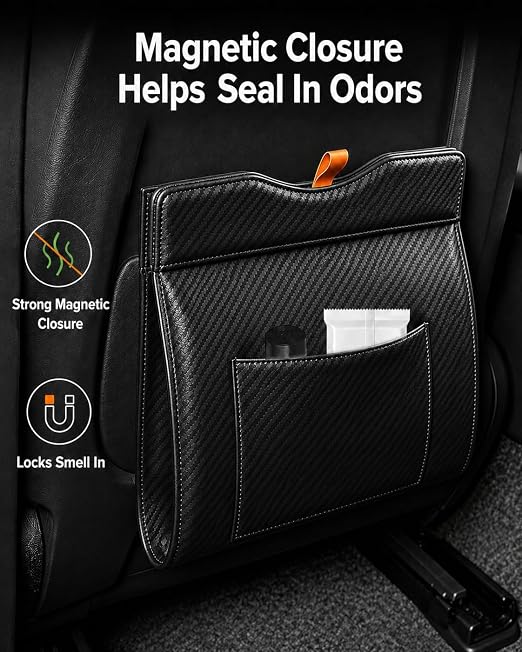 Leather Car Trash Can, Leak-Proof Odor-Lock Car Garbage Can with 60 Liners, Magnetic Closure & Liner-Hold, Storage Pocket, Metal Hooks, Hanging Car Trash Bin for SUV Sedan Truck, Carbon Fiber