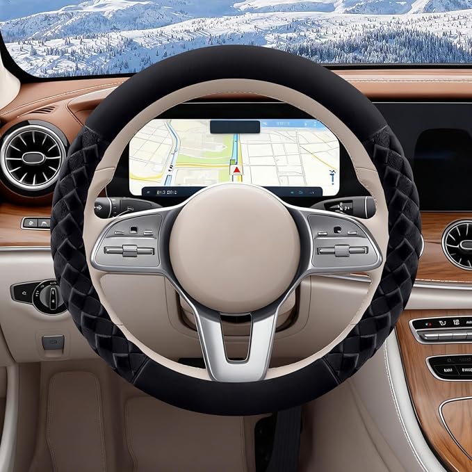 Black Diamond Patterned Plush Steering Wheel Cover, for Universal Auto Steering Wheel 14.5-15 in, Short Fluffy, Anti-Slip, Soft Plush, Comforting and Luxurious, Odorless, Soft Texture