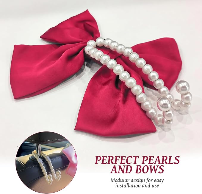 2 PCS Bow Pearl Car Seat Headrest Hook – Cute Purse Hook for Car, Girly Interior Decoration Accessories Hook Hanger, Seatback Holder for Purses & Bags, Elegant Car Organizer (Berry Fuchsia)