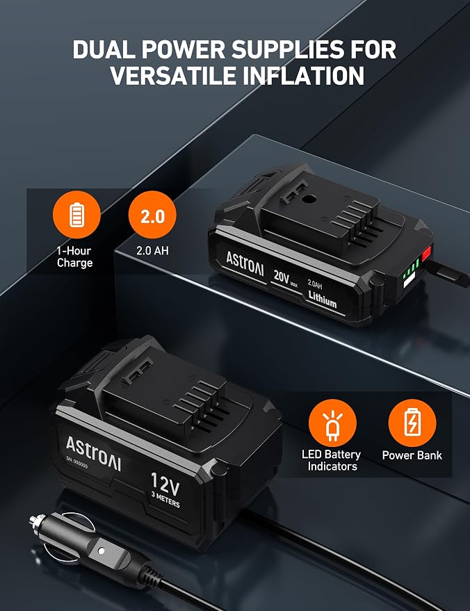 C2 Cordless Tire Inflator Air Compressor 20V Rechargeable Battery Powered 160PSI Portable Air Pump with 12V Car Power Adapter Digital Pressure Gauge for Cars Motorcycles Green