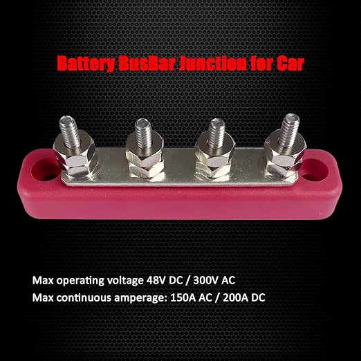 4 x #10 (M5) Studs Bus Bar, 4.2" Power Distribution Block Brass Battery BusBar Junction with Cover for Auto Boat Amplifier and More (Red)