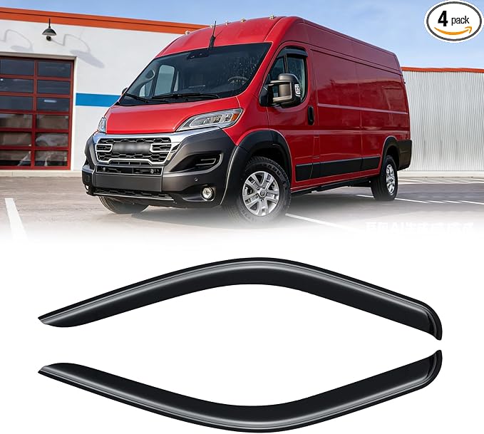Rain Guards for Ram ProMaster 2014-2025, Out-Channel Window Visor Shields Vent Deflector Shade Wind Dark Smoke 2015 2016 2017 2018 2019 2020 2021 2022 2023 2024, Tape-On Outside-Mount, 4PCS