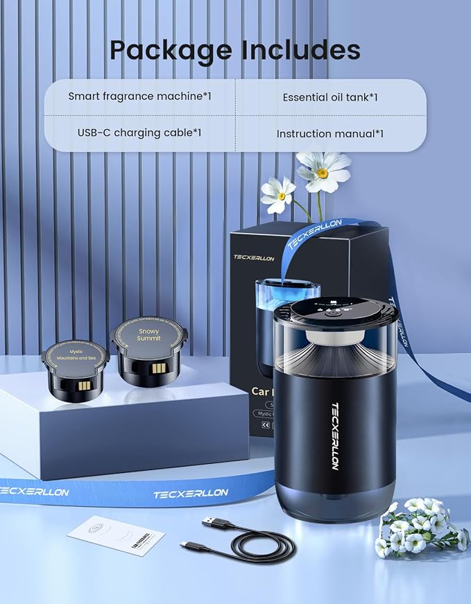 Smart Car Air Freshener Diffuser with Ambient Light, Oil Level Indicator, 2 Scent Refills, Auto On/Off, 4 Mist Modes, 1600 Sprays Rechargeable Aroma Diffuser for Car, Home, Office, Bedroom
