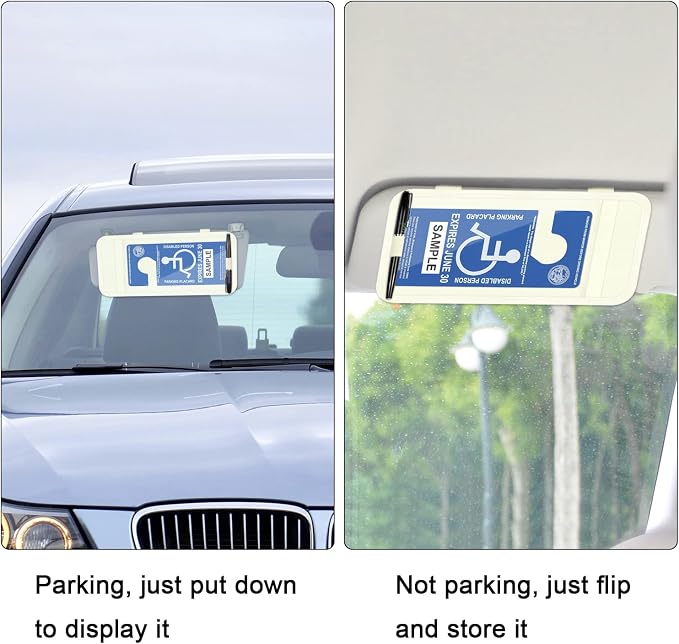 Handicap Placard Holder for Auto, Disabled Parking Permit Sign Protector for Car Sun Visor with Note Paper Slot, Pen Holder and Elastic Strap - Beige