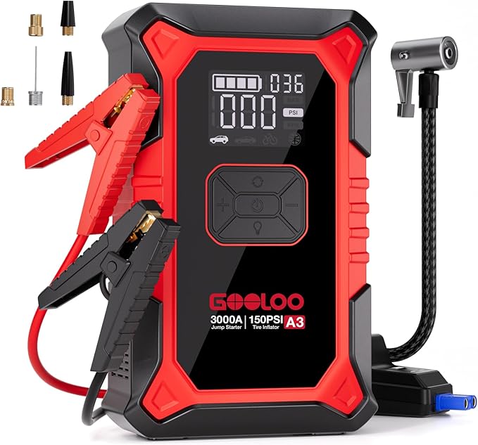 A3 Jump Starter with Air Compressor, 3000A Portable Car Battery Booster (9.0 Gas/6.5L Diesel) with 150PSI Auto-Shutoff Tire Inflator, 12V Supersafe Lithium Jump Box Car Battery Jumper Starter