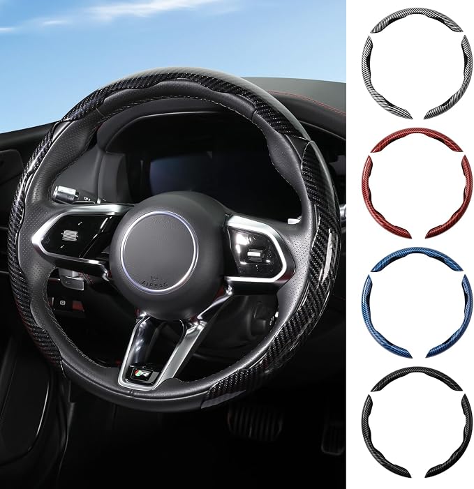 Universal Steering Wheel Cover,Carbon Fiber,3pcs Set(Black) | Clip-On Segmented Fit;Carbon Fiber Look;Fits Most 14-16 in Round or D-Shaped Wheels;Easy Wipe Clean;Non Slip;4 Colors