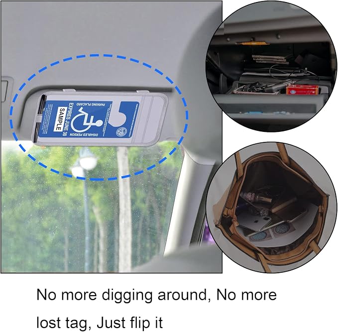 Handicap Placard Holder for Auto, Disabled Parking Permit Sign Protector for Car Sun Visor with Note Paper Slot, Pen Holder and Elastic Strap - Gray