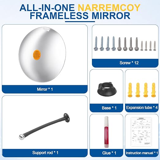 12" Frameless Mirror with 360° Adjustable View - Convex Mirror for Garage, Driveway, Store, Warehouse & Office, Wall Mount Safety for Indoor Outdoor Use with Clear Wide Reflection