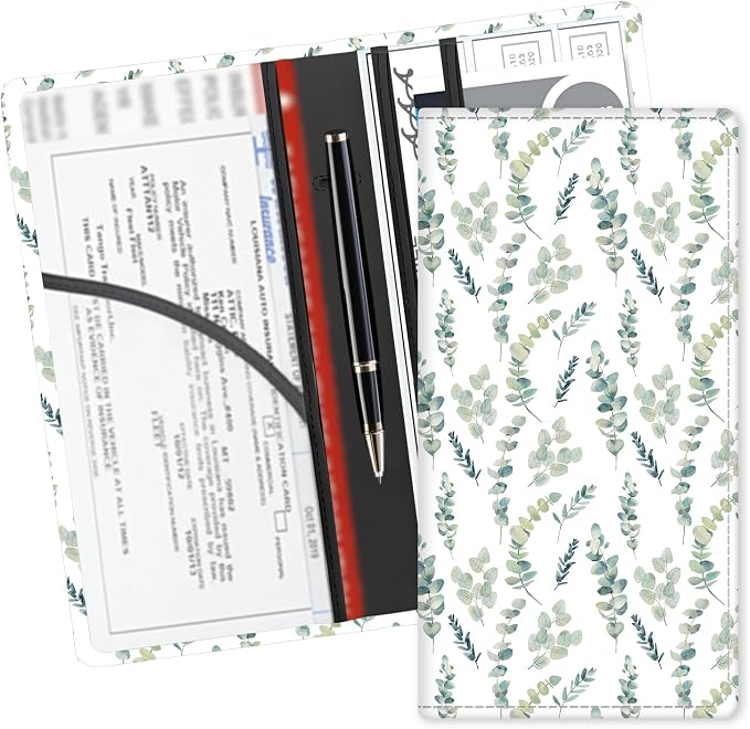 Leather Car Registration and Insurance Card Holder, Cute Car Accessories Vehicle Glove Box Car Organizer for Documents, Cards, License Watercolor Green Leaf