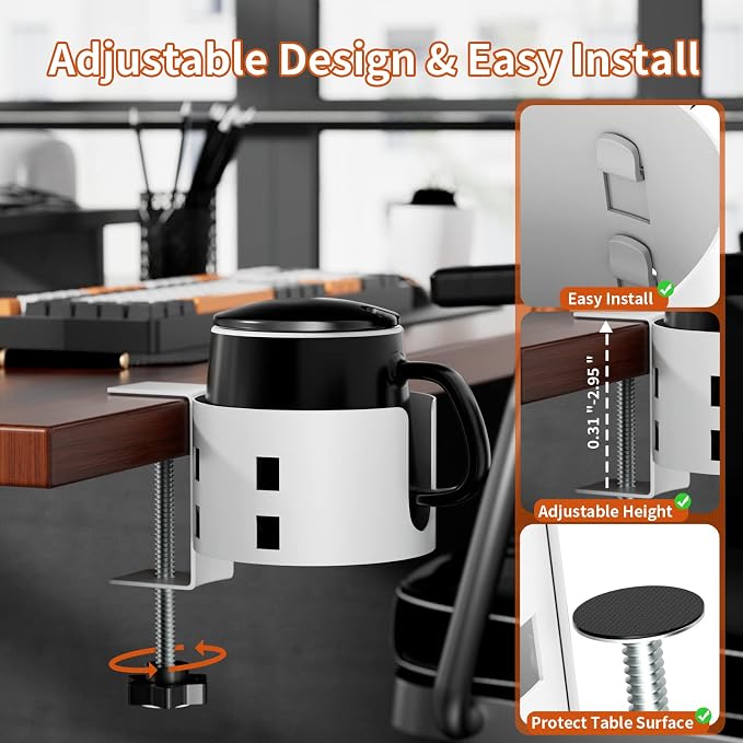 Upgraded Large Desk Cup Holder Clamp, Anti-Spill Cup Holder for Table, Durable 5 Adjustable Directions, Metal Office & PC Gaming Desk Accessories, Enough to Hold Coffee Cups, Water Bottles, White