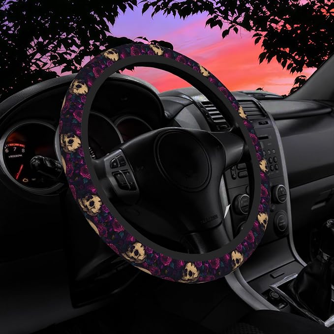 Gothic Skull and Rose Steering Wheel Cover for Women Men Neoprene Breathable Wheel Cover Protector Anti-Slip Car Accessories Universal 15 Inch Fit for Cars Trucks Vehicles