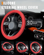 Car Steering Wheel Cover, Thin Anti-Skid Silicone Steering Wheel Cover for Men & Women, Universal Automotive Interior Accessories for Most Cars (Red)