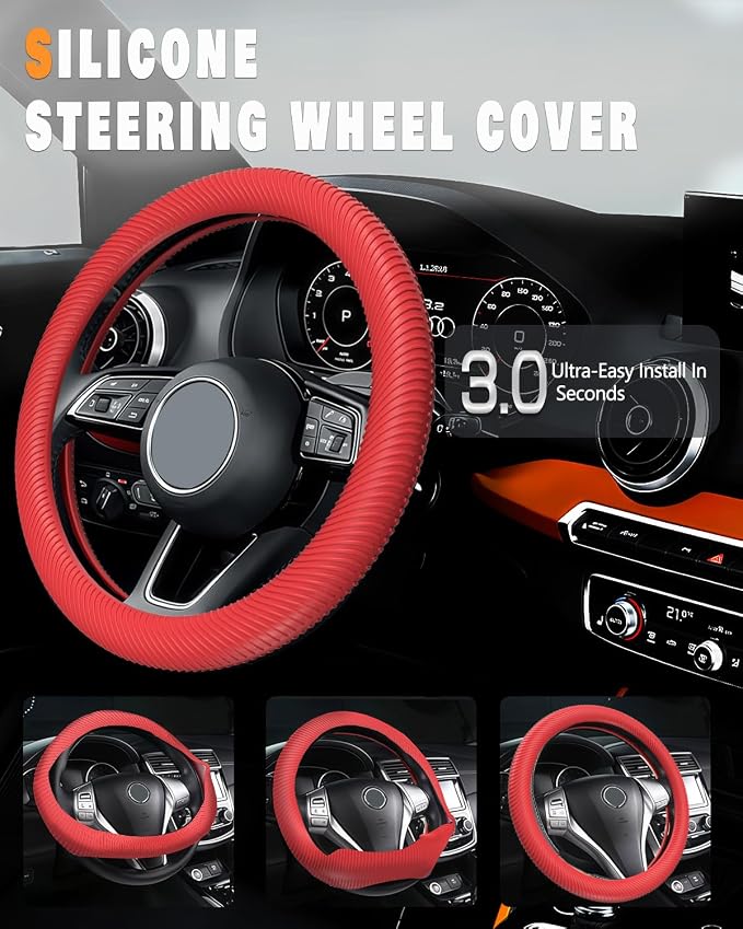 Car Steering Wheel Cover, Thin Anti-Skid Silicone Steering Wheel Cover for Men & Women, Universal Automotive Interior Accessories for Most Cars (Red)