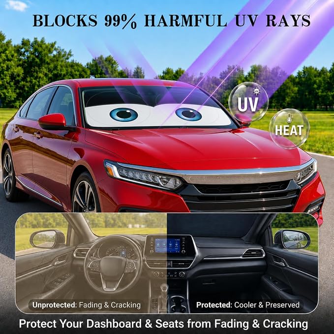 Car Windshield Sun Shade, Universal Fit Midsized Sedan SUV, Classic Black | 63 x 31.5" Windshield Cover, Foldable Front Window Sunshade, UV Heat Protection, Cute Eyes Series