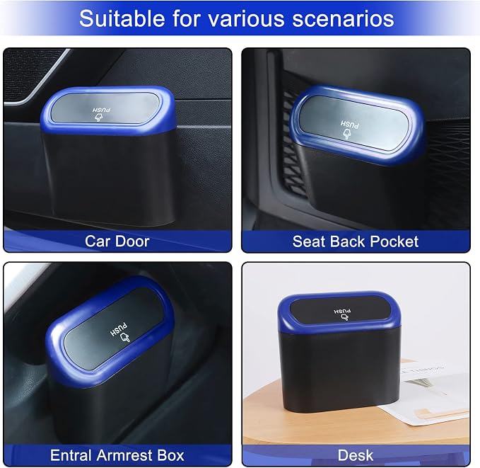 Car Trash Can with Lid, Vehicle Trash Bin Car Dustbin Garbage Organizer Holder with Trash Bag, Portable Hanging Mini Wastebasket Bin Trash Container for Auto Cars, Home, Office (Blue)