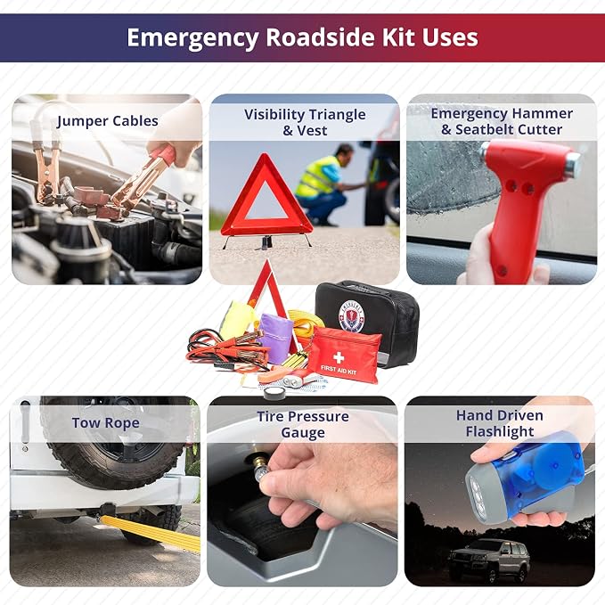 Roadside Car Emergency Kit - First Aid Set, Jumper Cables, Tow Strap, LED Flash Light, Rain Coat, Tire Pressure Gauge, Safety Vest and More (Black)