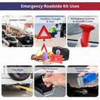 Roadside Car Emergency Kit - First Aid Set, Jumper Cables, Tow Strap, LED Flash Light, Rain Coat, Tire Pressure Gauge, Safety Vest and More (Black)