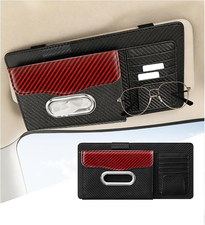 Car Sun Visor Organizer, Carbon Fiber Visor Glasses Tissue Card Holder Storage Pocket Pouch, Multifunctional Auto Sunshade Organizer Case Bag for Pens Documents Napkin, Universal Fit (Red)
