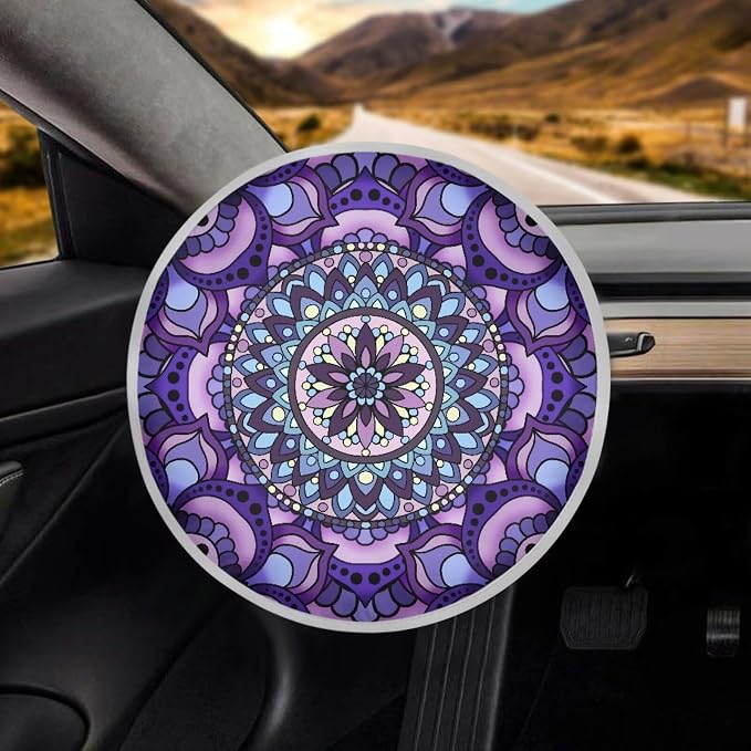 Purple Mandala Lotus Car Steering Wheel Sun Shade Cover Anti-Heat Steering Wheel Accessories 17 inch Auto Steering Wheel Sun Shield Universal Fit for Most Cars SUV Trucks Van