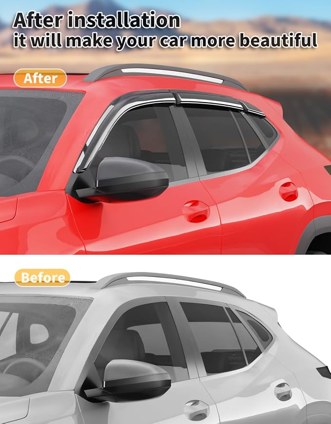 6pcs Outside-Mount Window Rain Guards Fit for 2024 2025 2026 Chevy Chevrolet Trax, Extra Durable Window Visors Wind Deflector Dark Smoke Vent Shades Car Tape-on 6-pcs with Thicker
