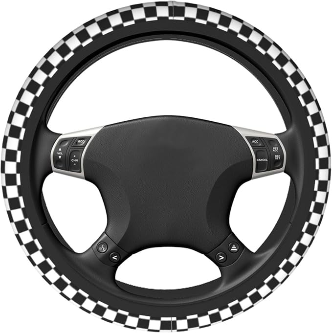 Racing Flag Steering Wheel Cover - 15 Inch Black White Checkered Steering Wheel Cover Anti-Slip Universal Checkered 2 Pcs Car Interior Cup Holder Pad for Men Women